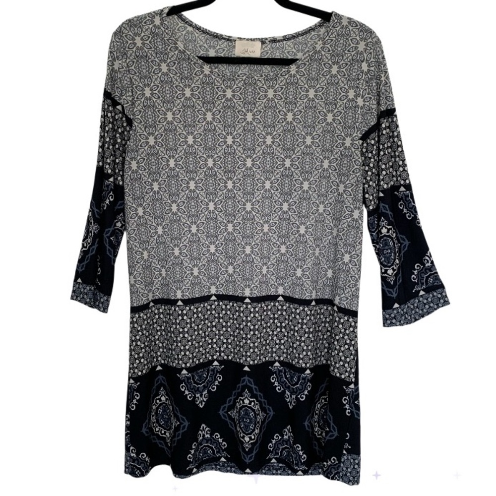 MISIA Woman’s Tunic Top/Dress Bold Geometric Navy White Round Neck 3/4 Sleeve L